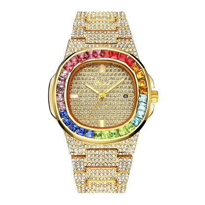 Men's Ice Out Moissanite Luxury Watch 18k Gold Stainless Steel Analog